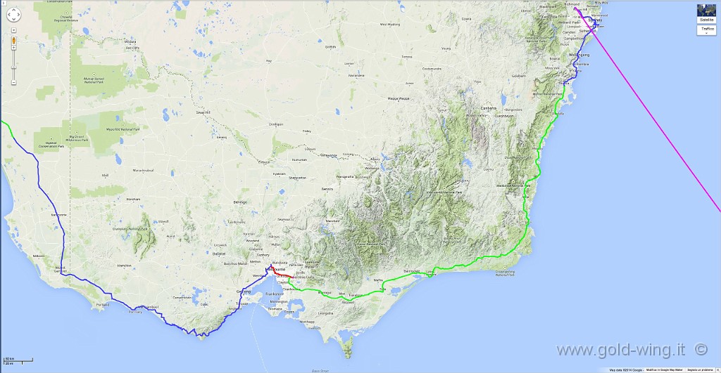 131116.jpg - 16.11. Melbourne est (6.26) - Nowra (19.19). Km 860, viaggio h 12.53, guida h 9.31 (linea verde)